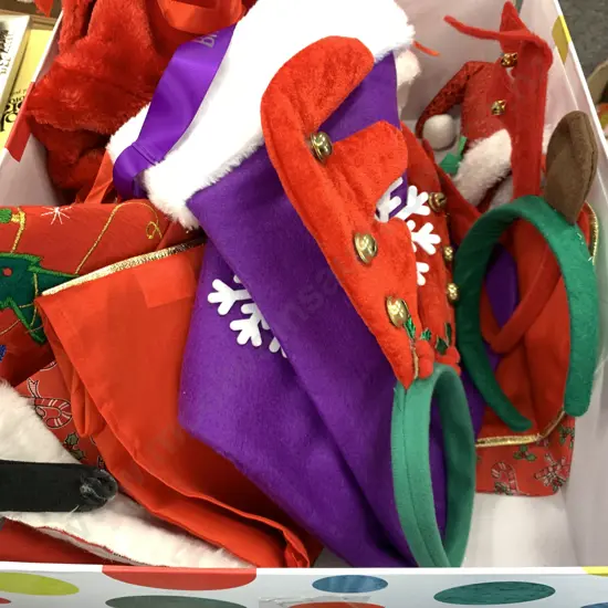 Spotted Box of Christmas Items Including Stockings, Hats, Headbands Etc