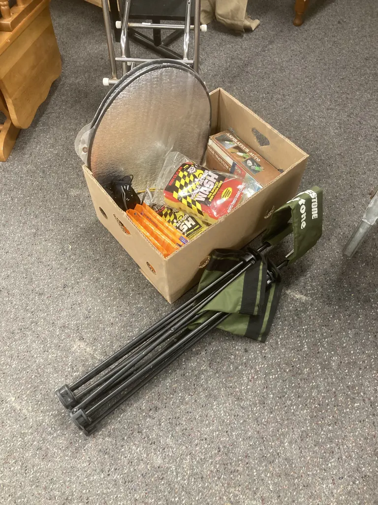 Box of Car Sundries, 12V Vac, Photo Album, Sponges Etc & Folding Bridgestone Camp Chair Image 1++