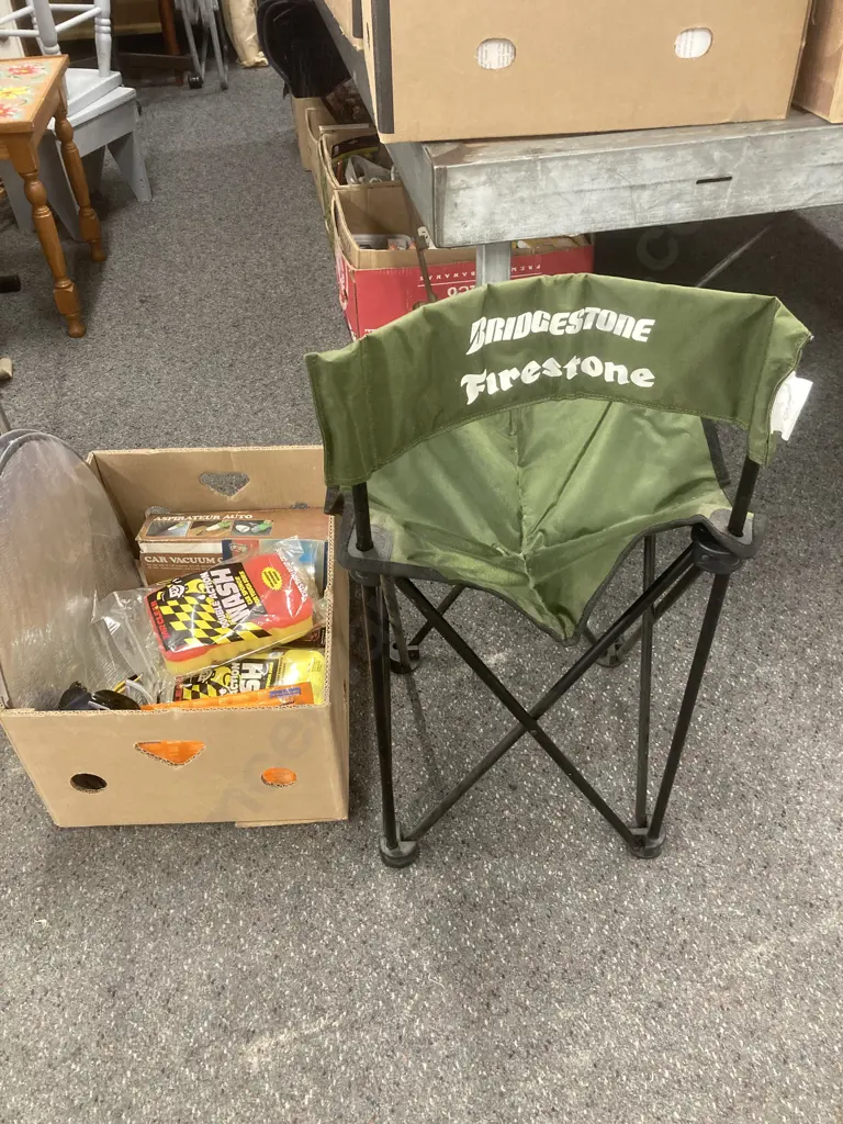 Box of Car Sundries, 12V Vac, Photo Album, Sponges Etc & Folding Bridgestone Camp Chair Image 1++