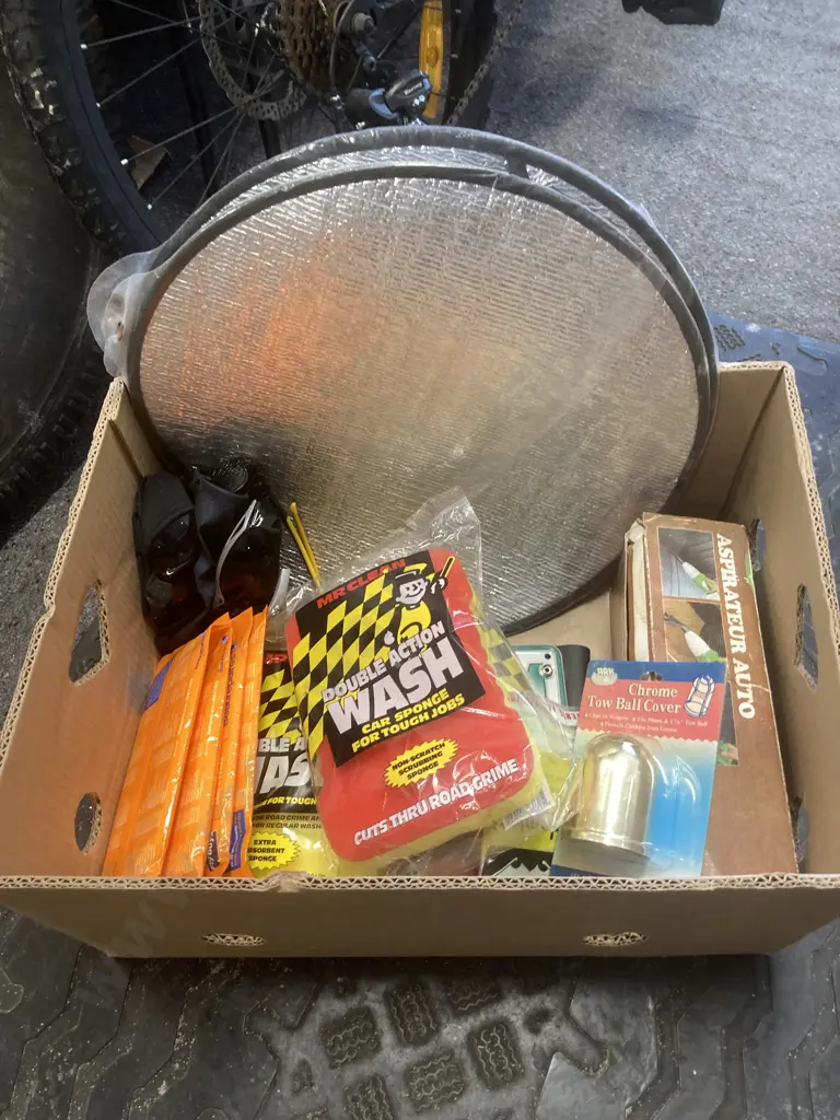 Box of Car Sundries, 12V Vac, Photo Album, Sponges Etc & Folding Bridgestone Camp Chair Image 1++