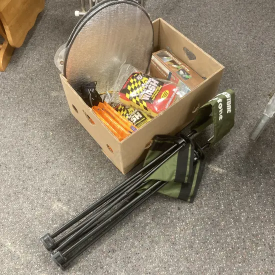 Box of Car Sundries, 12V Vac, Photo Album, Sponges Etc & Folding Bridgestone Camp Chair