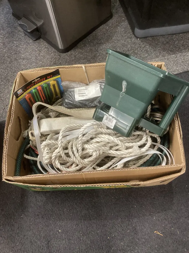 Box of Garden Spreader, Ropes, Hose Etc Image 1++