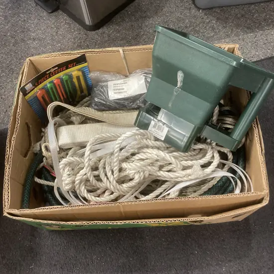 Box of Garden Spreader, Ropes, Hose Etc