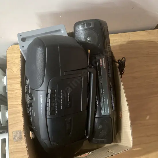 Box of Goldair Fan Heater, Sanyo & Panasonic Portable Stereos