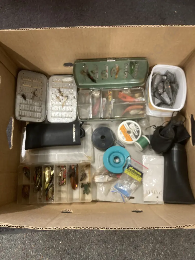 Box of Assorted Fishing Gear, Sunglasses Etc Image 1++