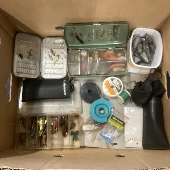 Box of Assorted Fishing Gear, Sunglasses Etc