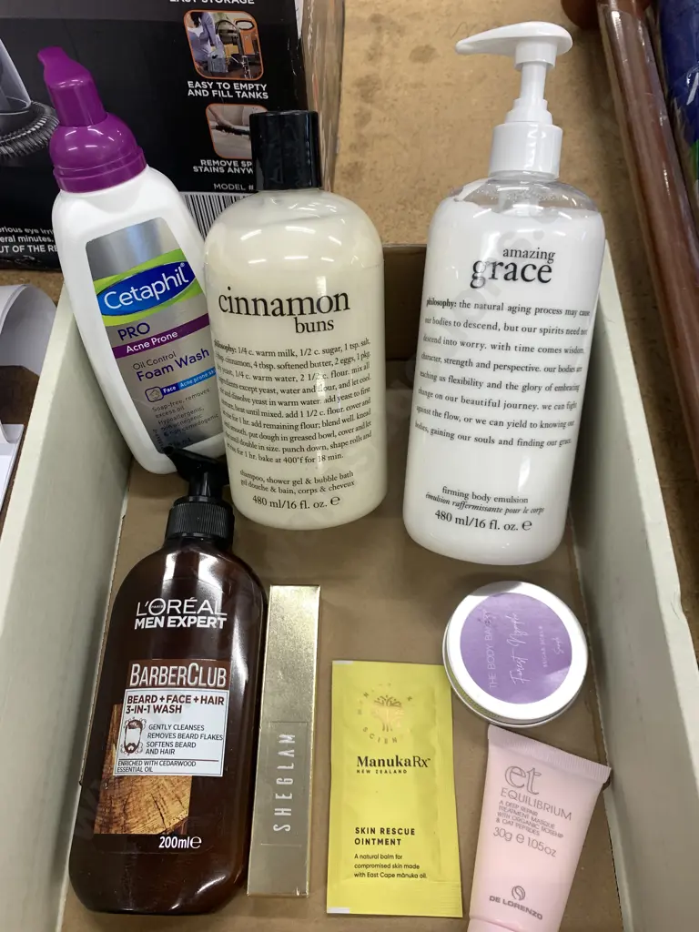 Assortment Of Beauty Products Including Cetaphil Foam Wash, Cinnamon Buns, Amazing Grace Etc Image 1++
