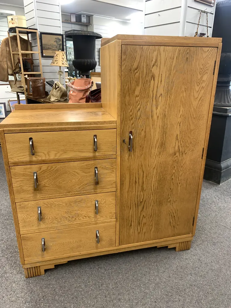Art Deco Oak Manrobe With Key, 4 Drawers, Clothes Rail, Original Handles, H134.5 W109 D44cm Image 1++