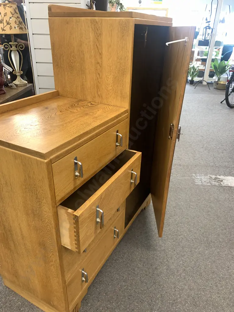 Art Deco Oak Manrobe With Key, 4 Drawers, Clothes Rail, Original Handles, H134.5 W109 D44cm Image 1++