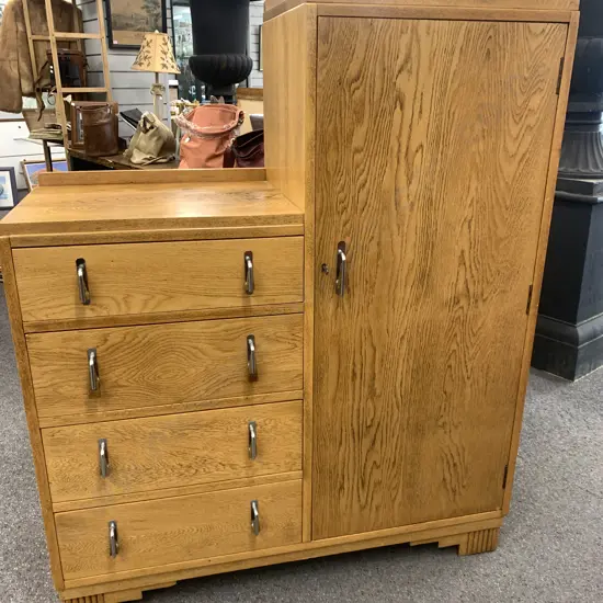 Art Deco Oak Manrobe With Key, 4 Drawers, Clothes Rail, Original Handles, H134.5 W109 D44cm
