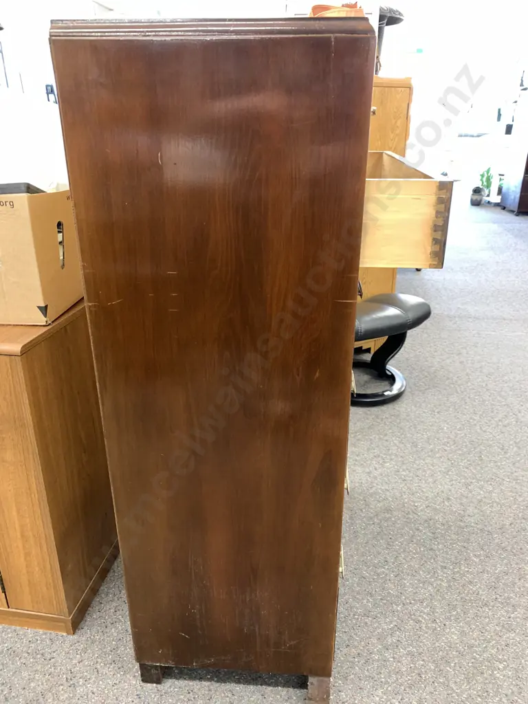 Art Deco Style Dark Stained Tallboy, 7 Drawer, H126 W76 D42cm Image 1++