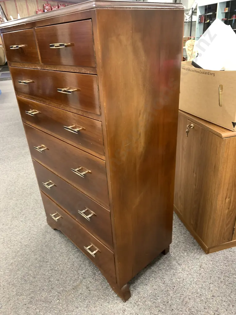 Art Deco Style Dark Stained Tallboy, 7 Drawer, H126 W76 D42cm Image 1++