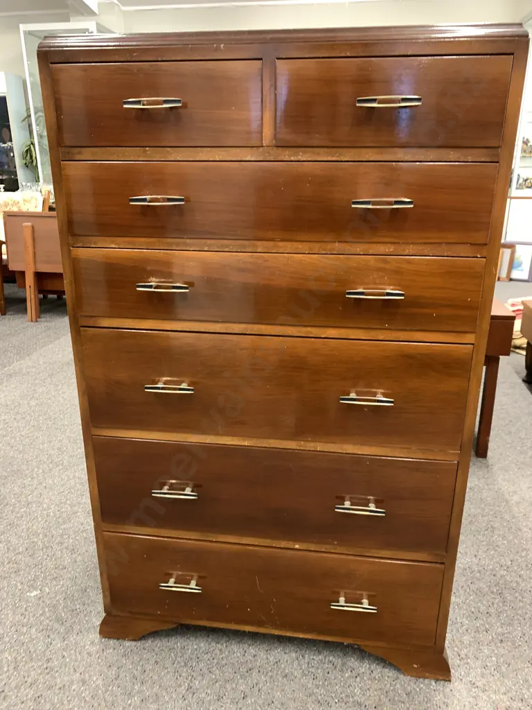 Art Deco Style Dark Stained Tallboy, 7 Drawer, H126 W76 D42cm Image 1++