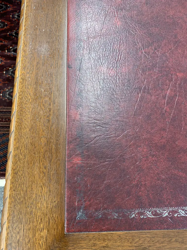 Vintage Mahogany Leather Top Kneehole Desk, 9 Drawers, Ornate Metal Drop Handles, H76 W121.5 D60.5cm Image 1++