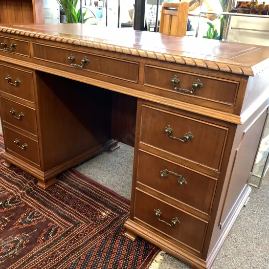 Vintage Mahogany Leather Top Kneehole Desk, 9 Drawers, Ornate Metal Drop Handles, H76 W121.5 D60.5cm
