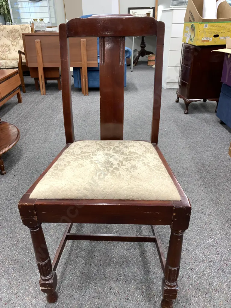 Art Deco Style Mahogany Stained Dining Chair, Cream Brocade Upholstered Seat Image 1++
