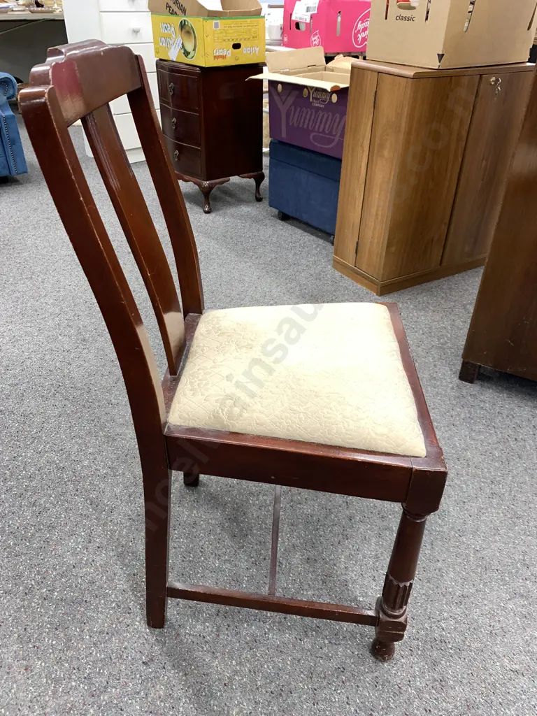 Art Deco Style Mahogany Stained Dining Chair, Cream Brocade Upholstered Seat Image 1++