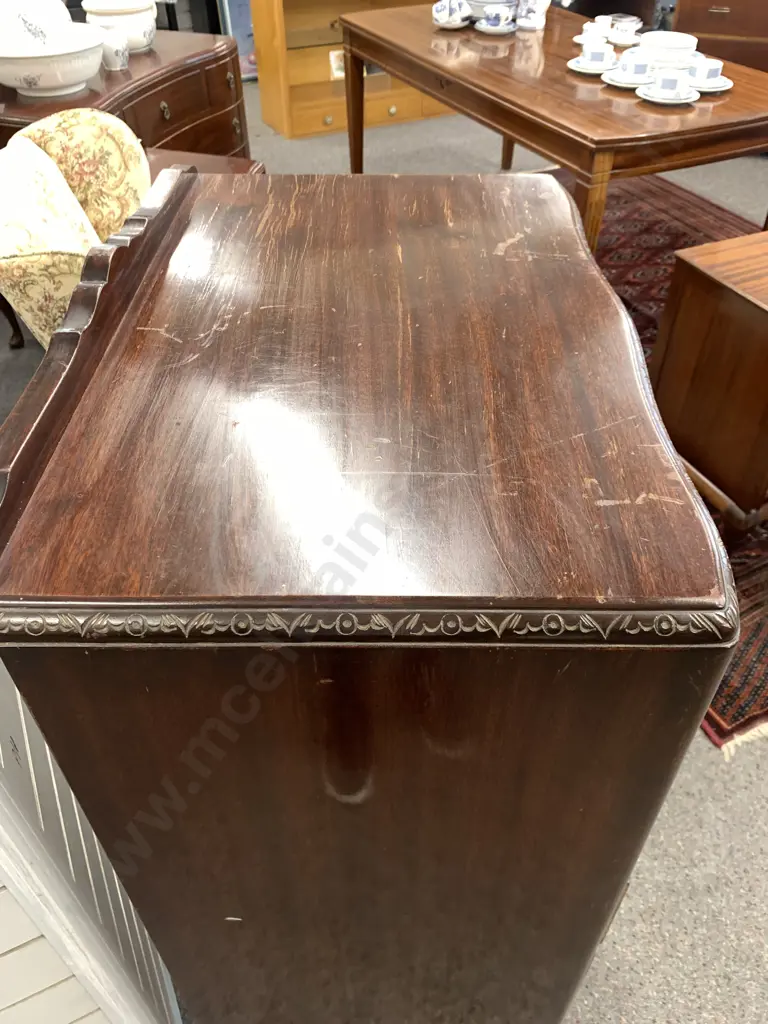 Queen Anne Style Mahogany 6 Drawer Tallboy, Carved Detail, Ornate Handles, H106 W67 D42cm Image 1++