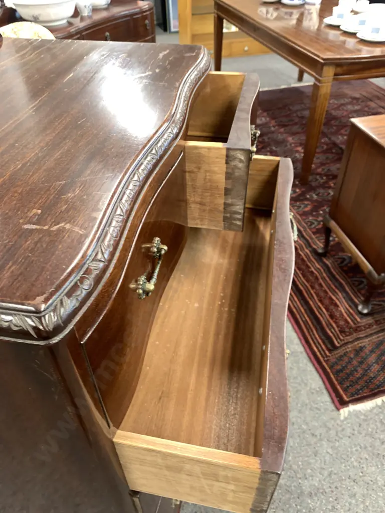 Queen Anne Style Mahogany 6 Drawer Tallboy, Carved Detail, Ornate Handles, H106 W67 D42cm Image 1++