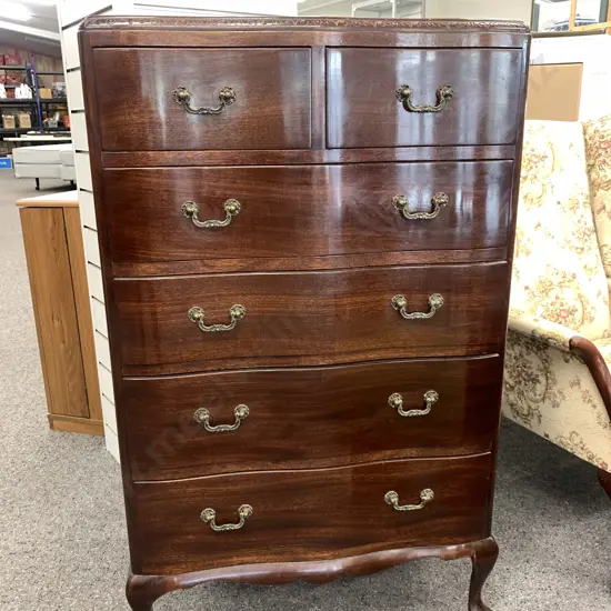 Queen Anne Style Mahogany 6 Drawer Tallboy, Carved Detail, Ornate Handles, H106 W67 D42cm