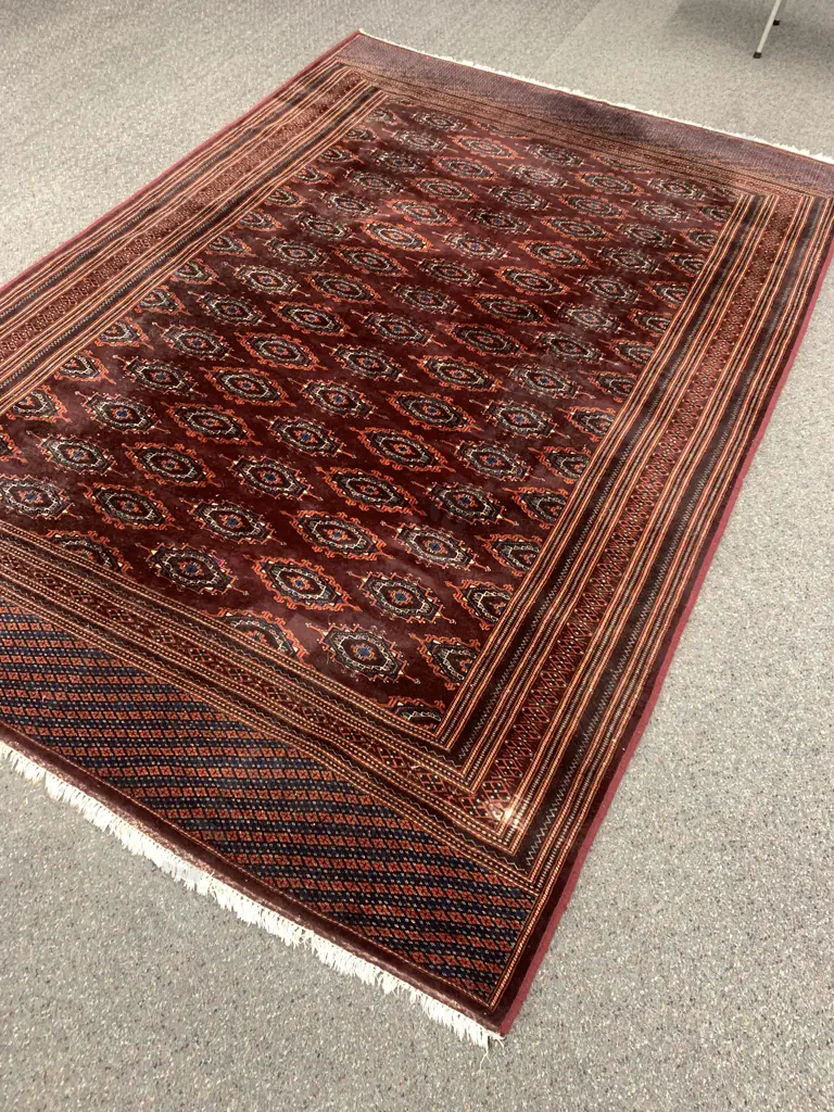 Large Tasselled Floor Rug, Wine & Deep Red Tones, 193 x 289cm (As Found Condition) Image 1++