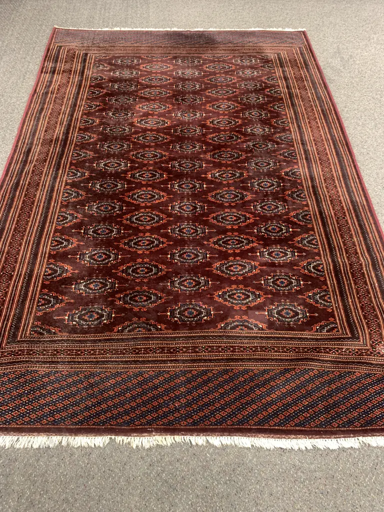 Large Tasselled Floor Rug, Wine & Deep Red Tones, 193 x 289cm (As Found Condition) Image 1++
