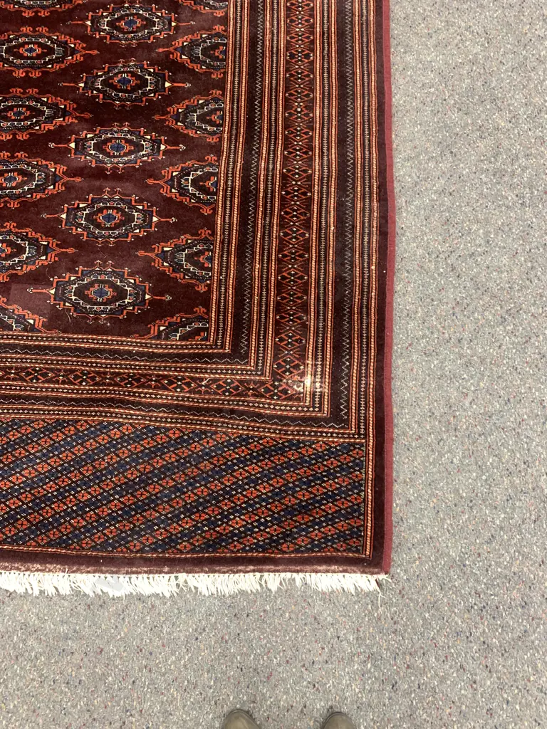 Large Tasselled Floor Rug, Wine & Deep Red Tones, 193 x 289cm (As Found Condition) Image 1++