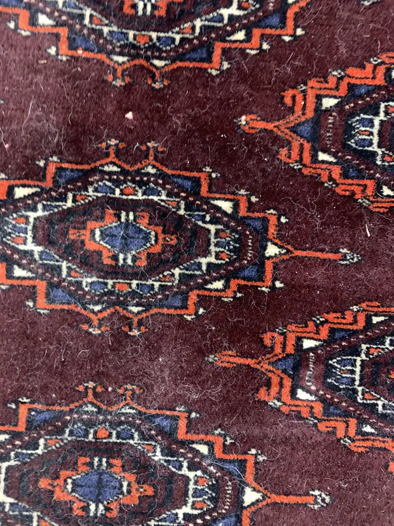 Large Tasselled Floor Rug, Wine & Deep Red Tones, 193 x 289cm (As Found Condition) Image 1++