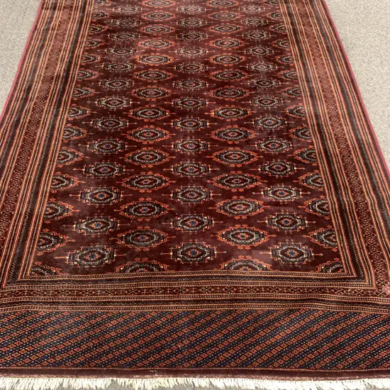 Large Tasselled Floor Rug, Wine & Deep Red Tones, 193 x 289cm (As Found Condition)
