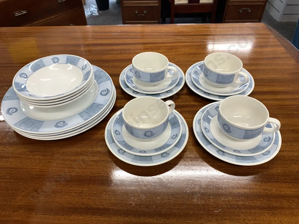 English Tableware 4 Place Setting Dinnerware, Blue White  'Rock Port' Image 1++