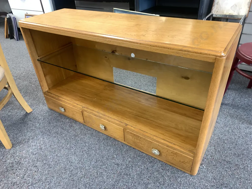 Vintage Mid Century Bookcase / Shelf Unit, Single Glass Shelf, 3 Drawer, Original Handles H72 W127 D41cm (Cord Access) Image 1++