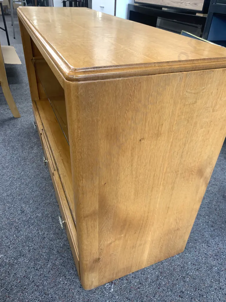 Vintage Mid Century Bookcase / Shelf Unit, Single Glass Shelf, 3 Drawer, Original Handles H72 W127 D41cm (Cord Access) Image 1++