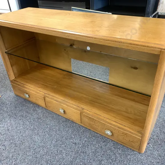Vintage Mid Century Bookcase / Shelf Unit, Single Glass Shelf, 3 Drawer, Original Handles H72 W127 D41cm (Cord Access)