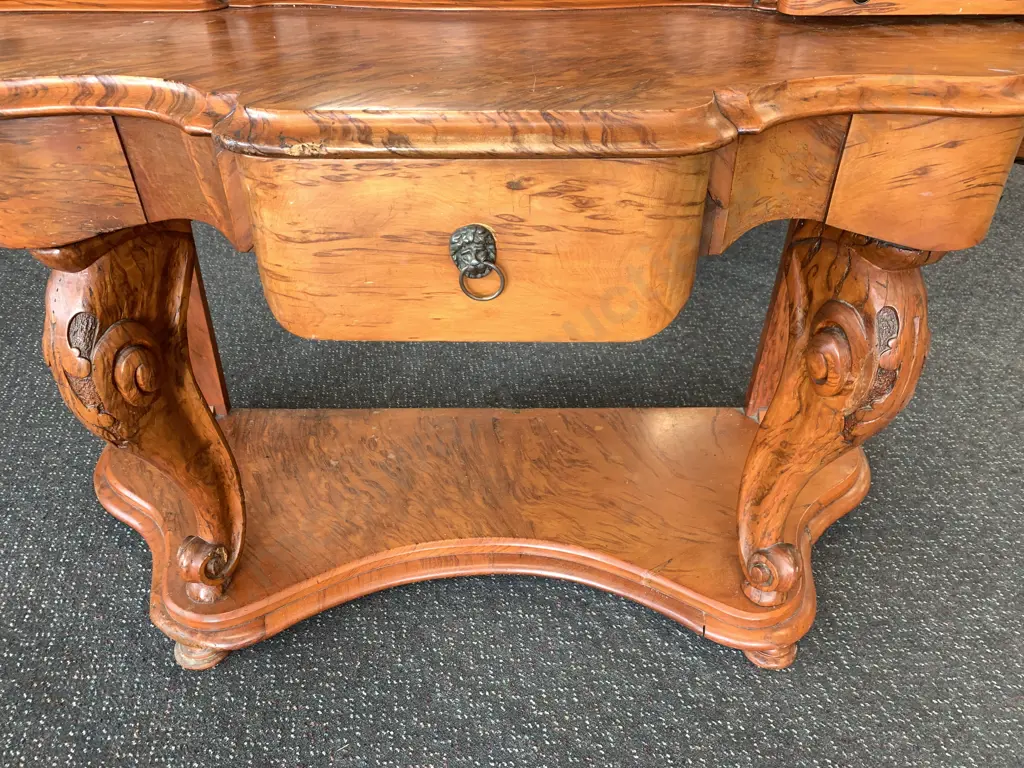 Victorian Burr Walnut Dressing Table, Mid 19th Century, Lovely Figuration, Substantial Carved Cabriole Legs, 4 Drawers Image 1++
