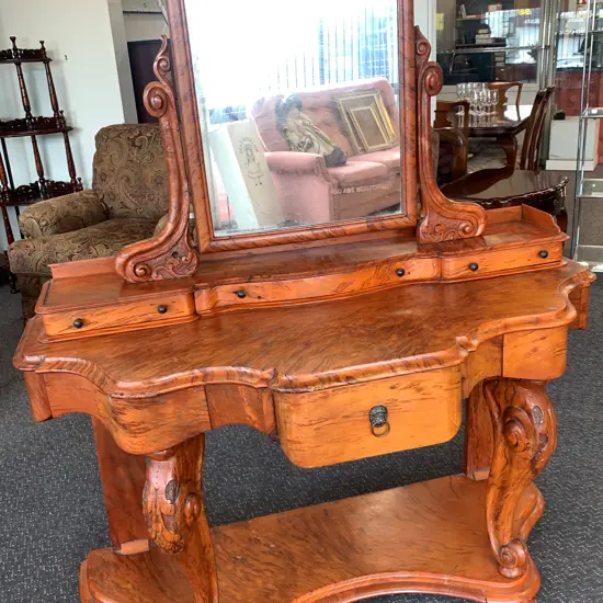 Victorian Burr Walnut Dressing Table, Mid 19th Century, Lovely Figuration, Substantial Carved Cabriole Legs, 4 Drawers