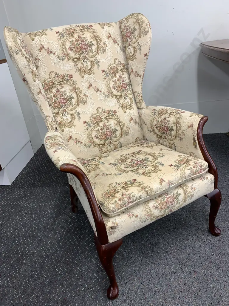 Vintage Queen Anne Wingback Chair, Tapestry Look Fabric, W67cm Image 1++