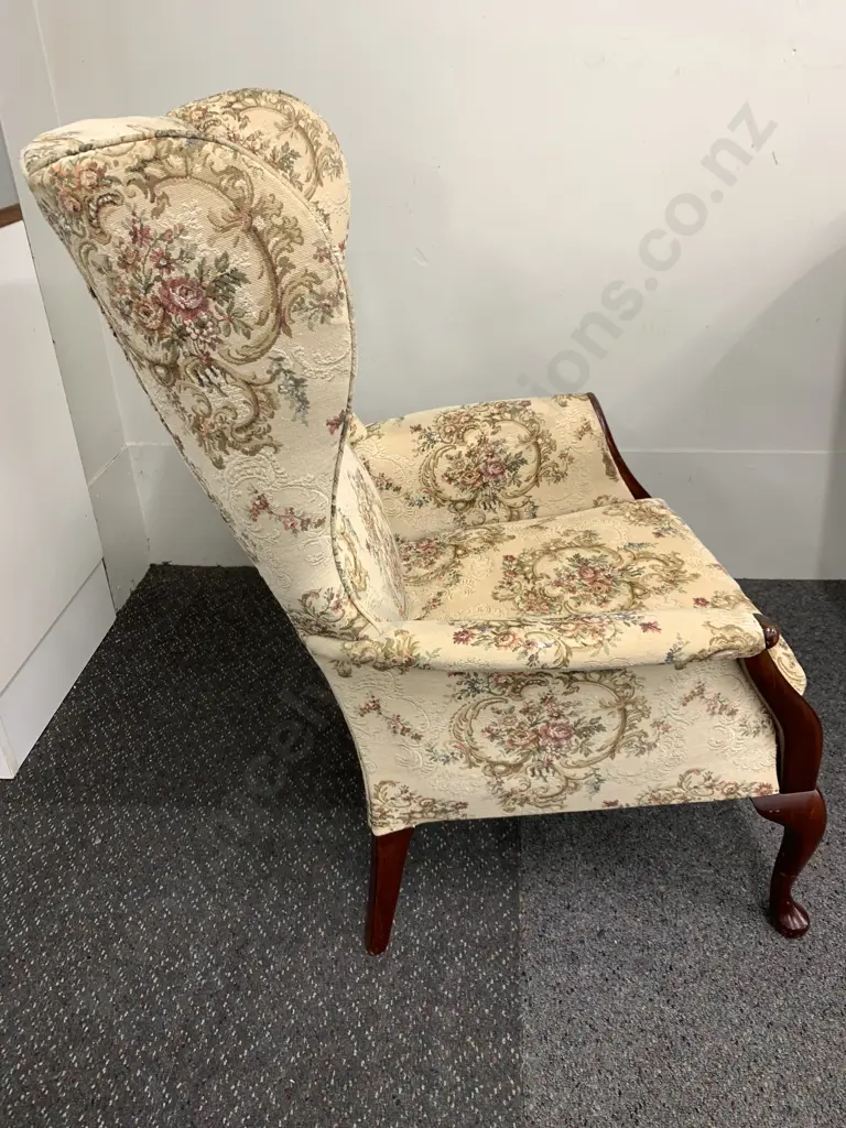 Vintage Queen Anne Wingback Chair, Tapestry Look Fabric, W67cm Image 1++
