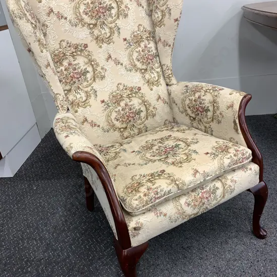 Vintage Queen Anne Wingback Chair, Tapestry Look Fabric, W67cm