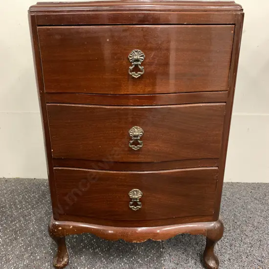 Queen Anne Style Mahogany Bedside Cabinet, 3 Drawer, Cabriole Legs, H71 W46 D38cm