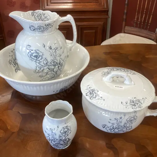 English Chamber Set Including Jug, Bowl With Chamber Pot & Lid, Toothbrush Holder Poppy CR, As Found Condition