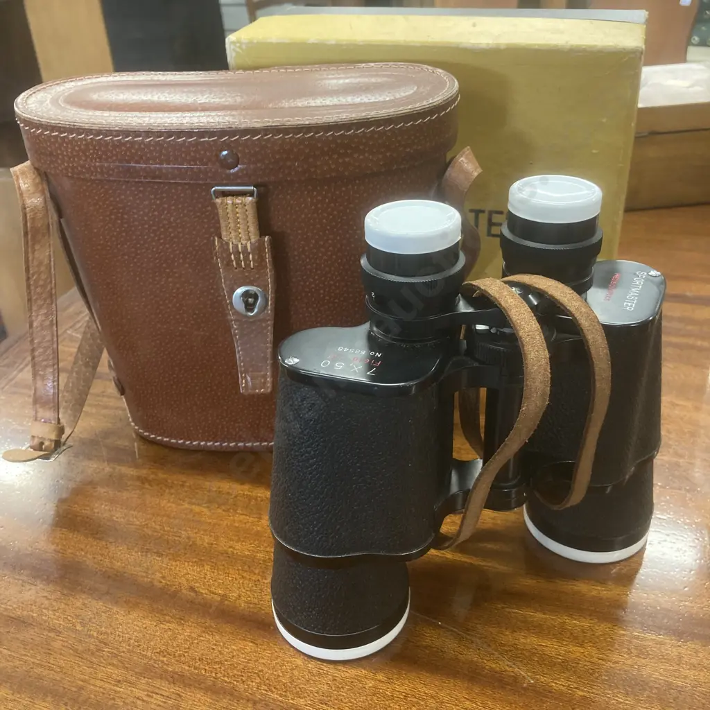 Vintage Sportmaster 7X50 Binoculars Field 7.1° Precision Optics, Leather Case & Original Box Image 1++