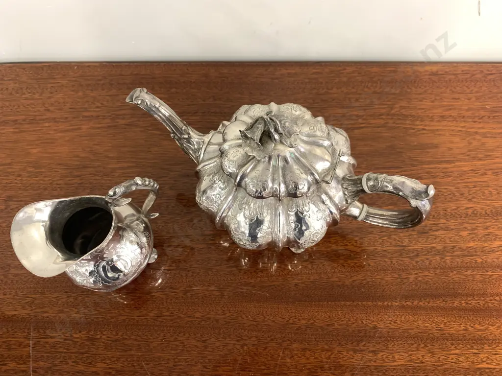 Victorian? Silver Plate Teapot With Embossed Flower Decoration & Flower, With Creamer Image 1++