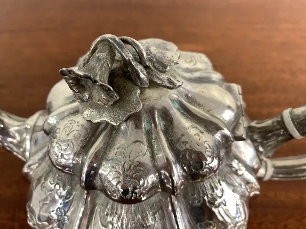 Victorian? Silver Plate Teapot With Embossed Flower Decoration & Flower, With Creamer Image 1++