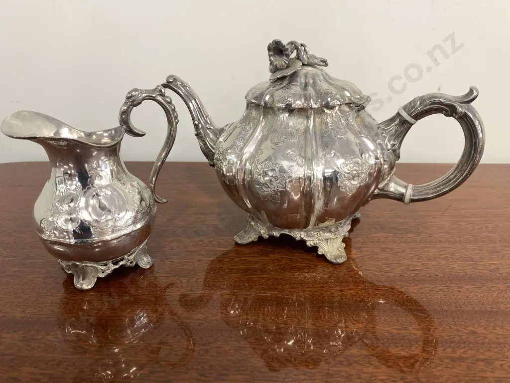 Victorian? Silver Plate Teapot With Embossed Flower Decoration & Flower, With Creamer Image 1++
