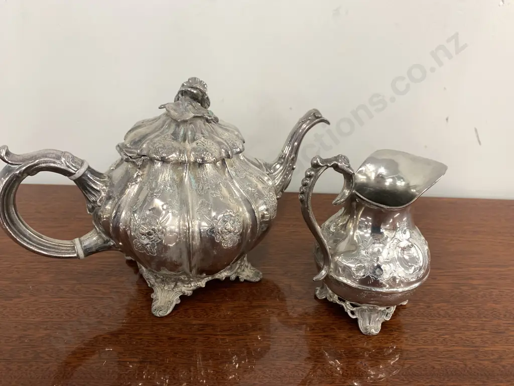 Victorian? Silver Plate Teapot With Embossed Flower Decoration & Flower, With Creamer Image 1++