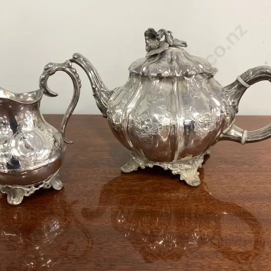 Victorian? Silver Plate Teapot With Embossed Flower Decoration & Flower, With Creamer