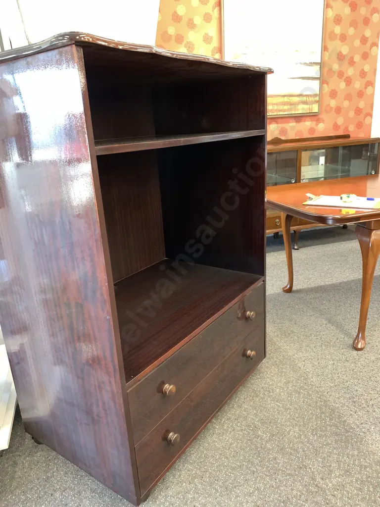 Mahogany Entertainment Unit, 1 Shelf, 2 Drawers With Divisions, Scalloped Front, Mobile, H137 W100 D63cm Image 1++