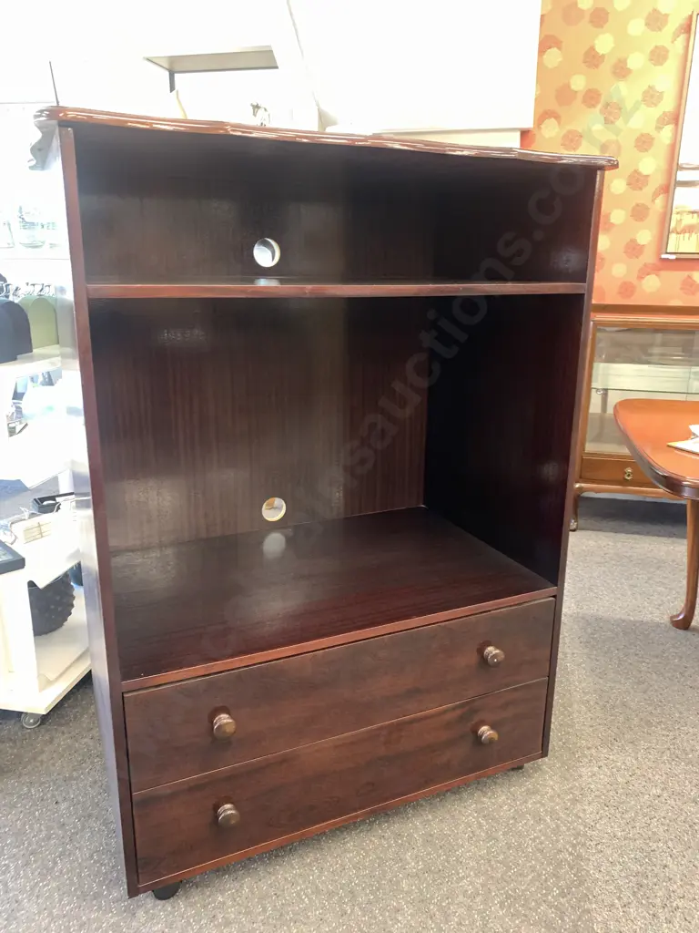 Mahogany Entertainment Unit, 1 Shelf, 2 Drawers With Divisions, Scalloped Front, Mobile, H137 W100 D63cm Image 1++