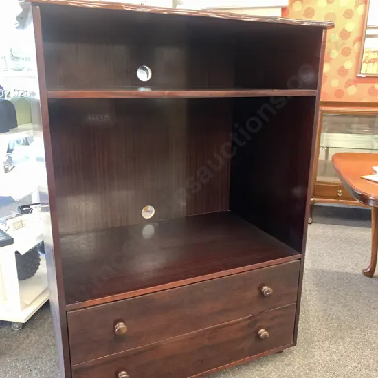 Mahogany Entertainment Unit, 1 Shelf, 2 Drawers With Divisions, Scalloped Front, Mobile, H137 W100 D63cm