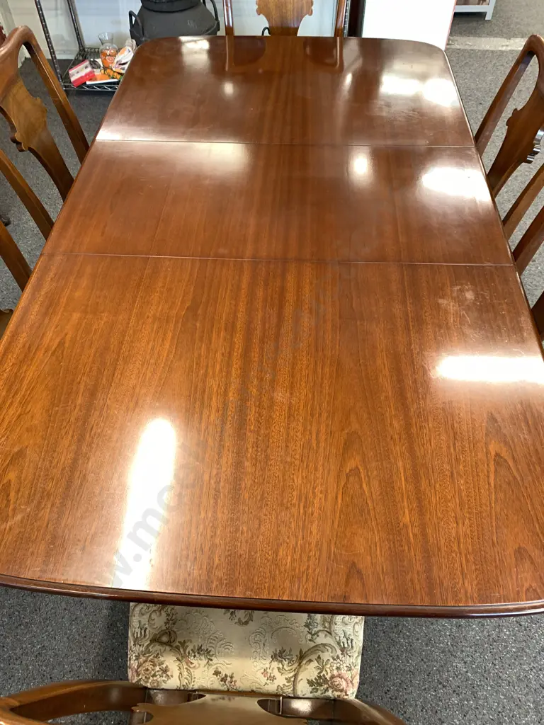 Queen Anne Style Rectangular Dining Table & Six Chairs, Tapestry & Braided Seats, With Extension Image 1++